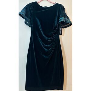 Jessica Howard Velvet Cocktail Dress Sheath Ruched Flutter Sleeve Green 6